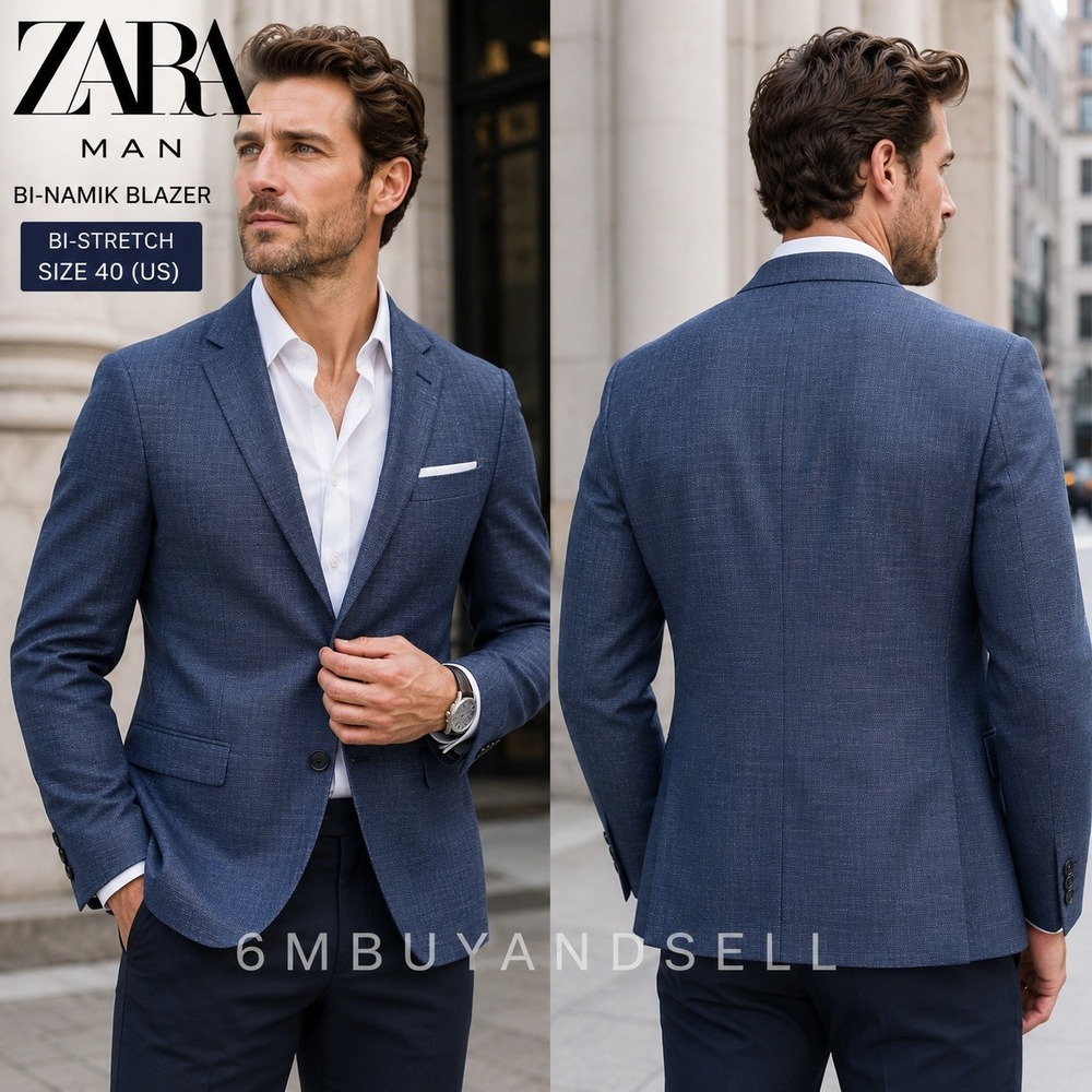 Zara Man Bi-Namik Blue Textured Bi-Stretch Blazer Sport Coat Size 40